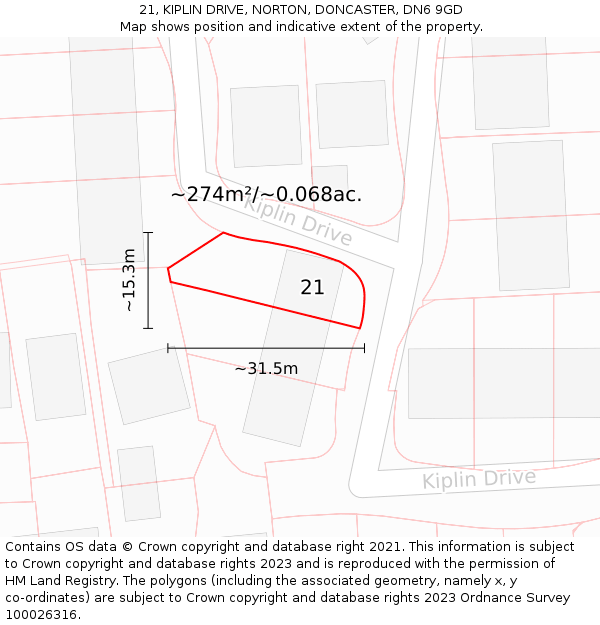 21, KIPLIN DRIVE, NORTON, DONCASTER, DN6 9GD: Plot and title map