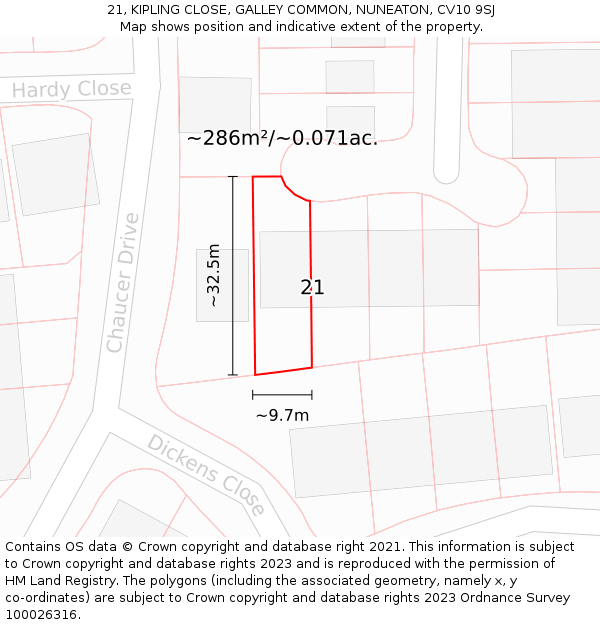 21, KIPLING CLOSE, GALLEY COMMON, NUNEATON, CV10 9SJ: Plot and title map