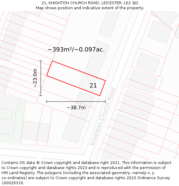 21, KNIGHTON CHURCH ROAD, LEICESTER, LE2 3JG: Plot and title map