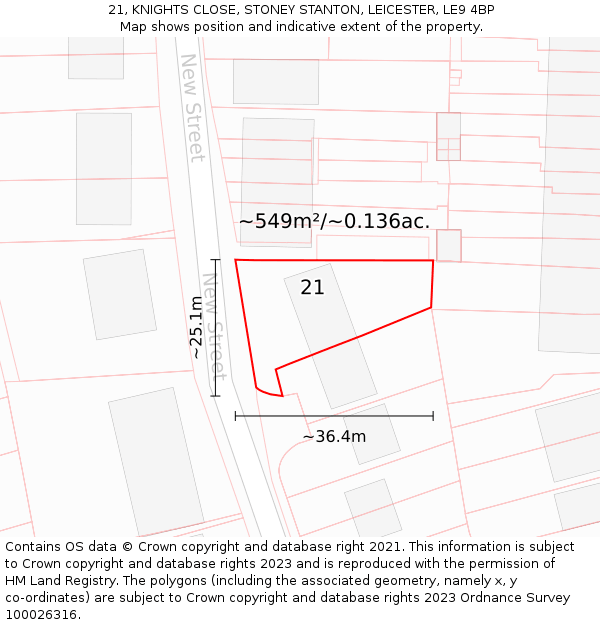 21, KNIGHTS CLOSE, STONEY STANTON, LEICESTER, LE9 4BP: Plot and title map