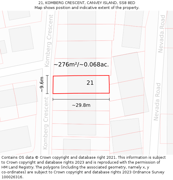 21, KOMBERG CRESCENT, CANVEY ISLAND, SS8 8ED: Plot and title map