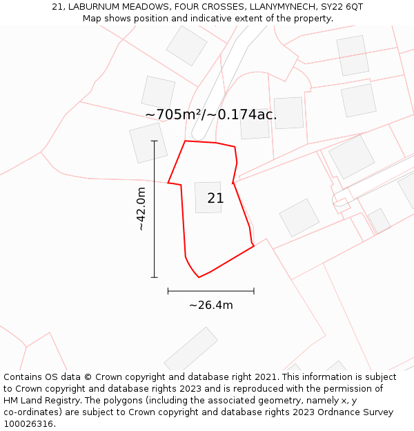 21, LABURNUM MEADOWS, FOUR CROSSES, LLANYMYNECH, SY22 6QT: Plot and title map