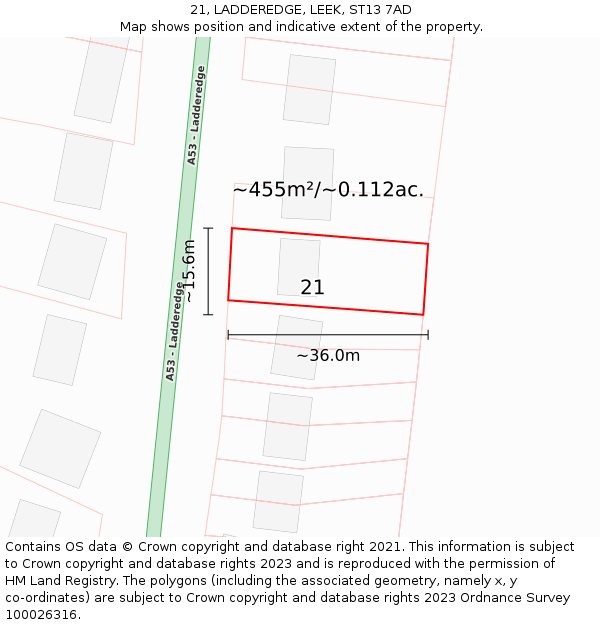 21, LADDEREDGE, LEEK, ST13 7AD: Plot and title map