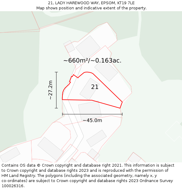 21, LADY HAREWOOD WAY, EPSOM, KT19 7LE: Plot and title map