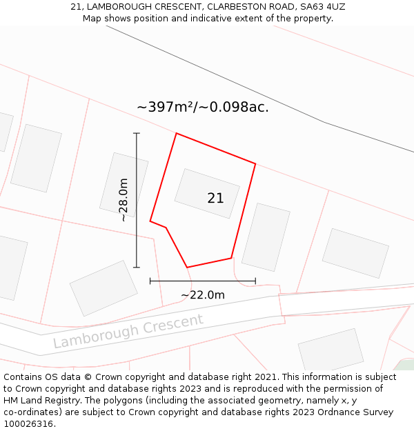 21, LAMBOROUGH CRESCENT, CLARBESTON ROAD, SA63 4UZ: Plot and title map