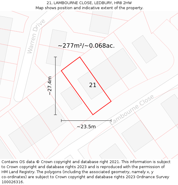 21, LAMBOURNE CLOSE, LEDBURY, HR8 2HW: Plot and title map