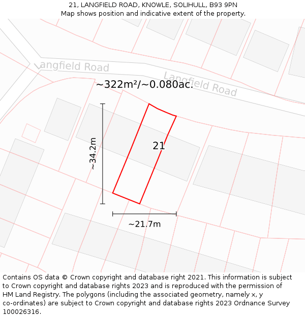 21, LANGFIELD ROAD, KNOWLE, SOLIHULL, B93 9PN: Plot and title map