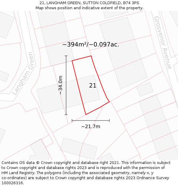 21, LANGHAM GREEN, SUTTON COLDFIELD, B74 3PS: Plot and title map