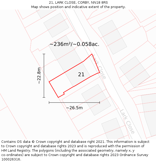 21, LARK CLOSE, CORBY, NN18 8RS: Plot and title map