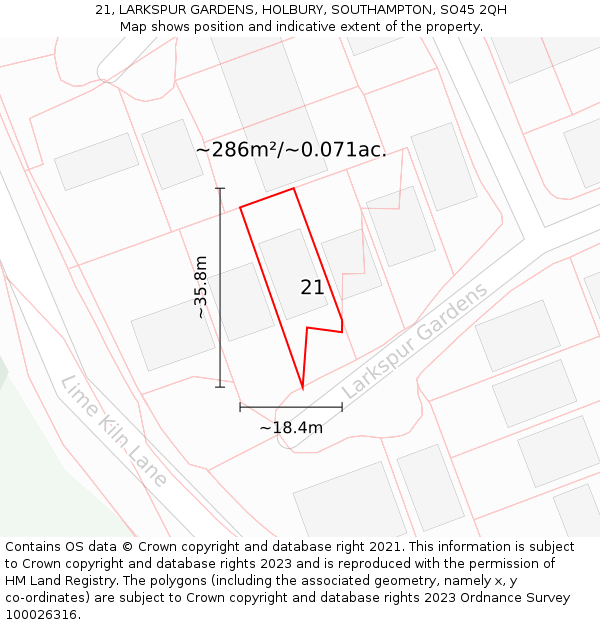 21, LARKSPUR GARDENS, HOLBURY, SOUTHAMPTON, SO45 2QH: Plot and title map