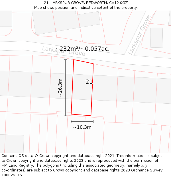 21, LARKSPUR GROVE, BEDWORTH, CV12 0GZ: Plot and title map