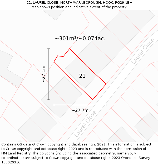 21, LAUREL CLOSE, NORTH WARNBOROUGH, HOOK, RG29 1BH: Plot and title map