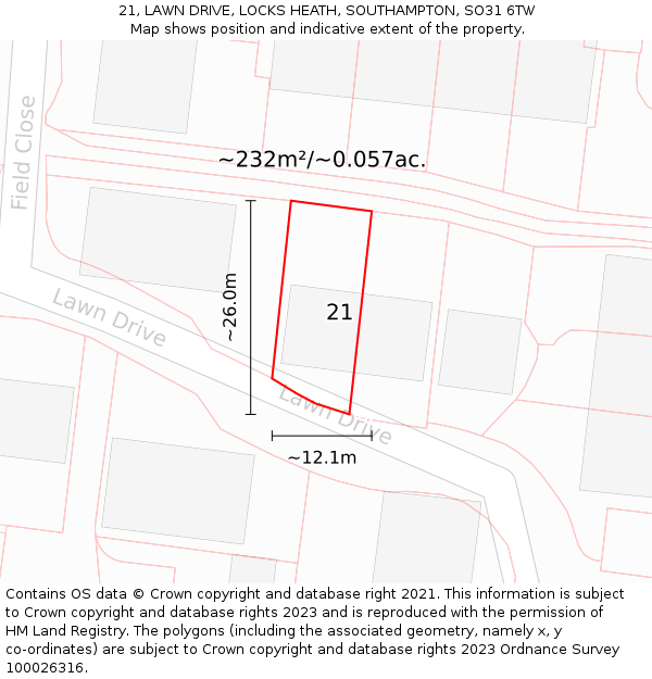 21, LAWN DRIVE, LOCKS HEATH, SOUTHAMPTON, SO31 6TW: Plot and title map
