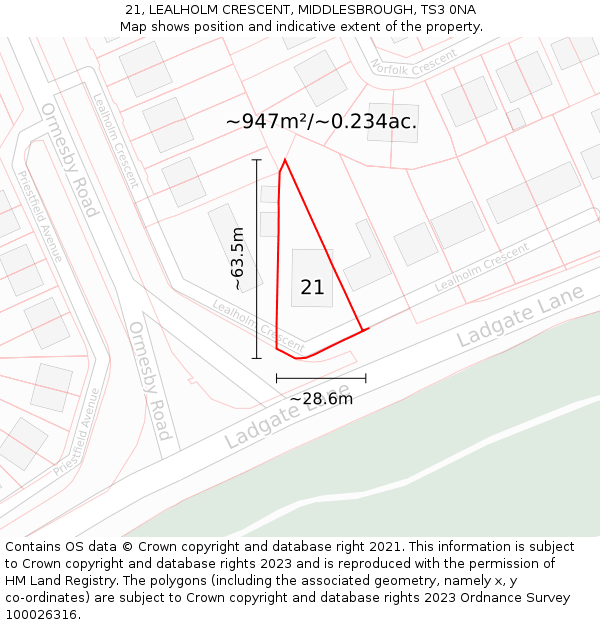 21, LEALHOLM CRESCENT, MIDDLESBROUGH, TS3 0NA: Plot and title map