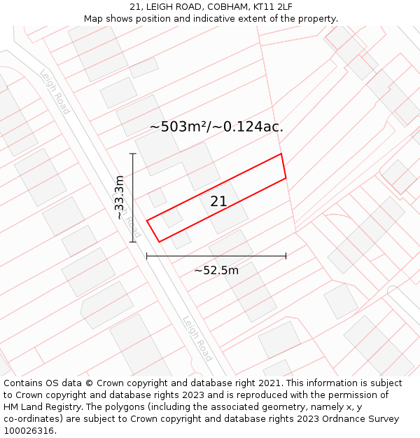 21, LEIGH ROAD, COBHAM, KT11 2LF: Plot and title map