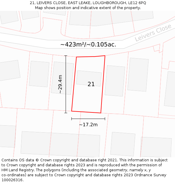 21, LEIVERS CLOSE, EAST LEAKE, LOUGHBOROUGH, LE12 6PQ: Plot and title map