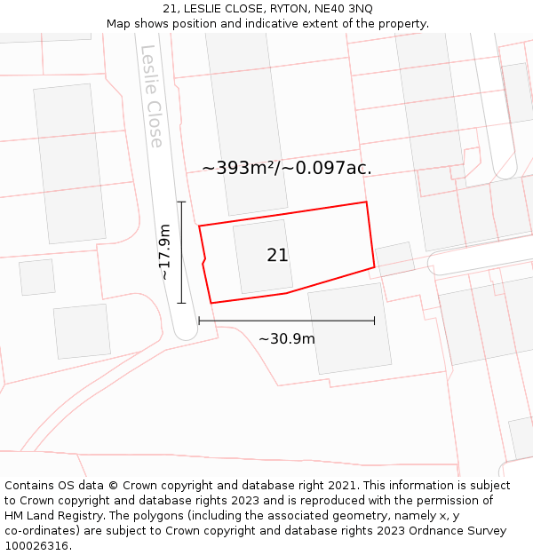 21, LESLIE CLOSE, RYTON, NE40 3NQ: Plot and title map