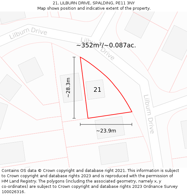 21, LILBURN DRIVE, SPALDING, PE11 3NY: Plot and title map