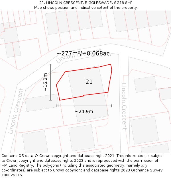 21, LINCOLN CRESCENT, BIGGLESWADE, SG18 8HP: Plot and title map