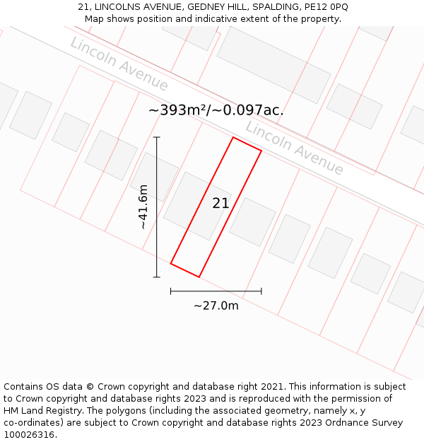 21, LINCOLNS AVENUE, GEDNEY HILL, SPALDING, PE12 0PQ: Plot and title map