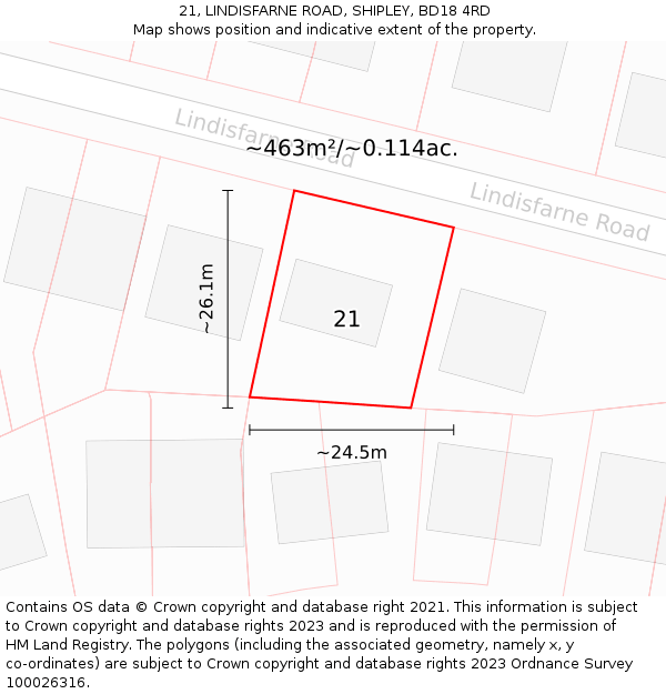 21, LINDISFARNE ROAD, SHIPLEY, BD18 4RD: Plot and title map