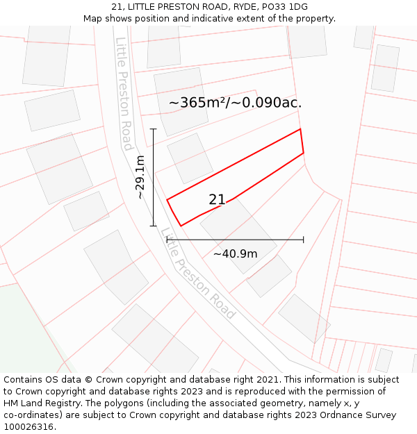 21, LITTLE PRESTON ROAD, RYDE, PO33 1DG: Plot and title map