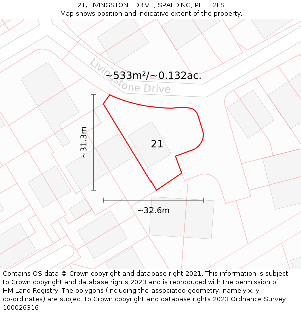 21, LIVINGSTONE DRIVE, SPALDING, PE11 2FS: Plot and title map