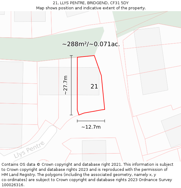 21, LLYS PENTRE, BRIDGEND, CF31 5DY: Plot and title map