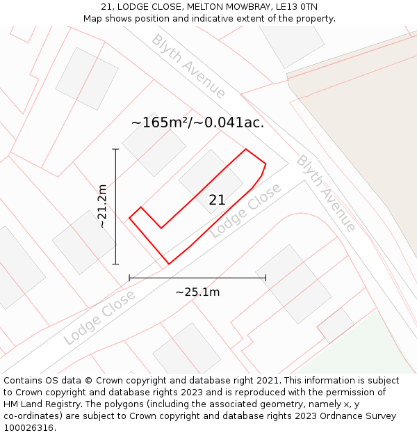 21, LODGE CLOSE, MELTON MOWBRAY, LE13 0TN: Plot and title map