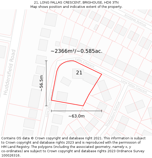 21, LONG FALLAS CRESCENT, BRIGHOUSE, HD6 3TN: Plot and title map