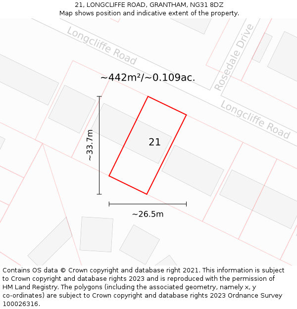 21, LONGCLIFFE ROAD, GRANTHAM, NG31 8DZ: Plot and title map