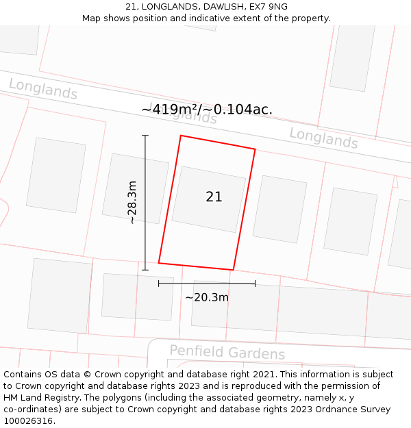 21, LONGLANDS, DAWLISH, EX7 9NG: Plot and title map