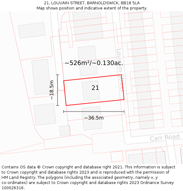 21, LOUVAIN STREET, BARNOLDSWICK, BB18 5LA: Plot and title map