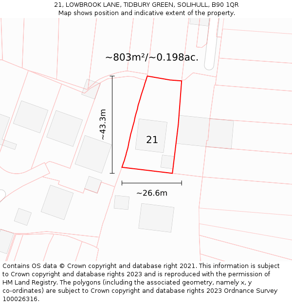 21, LOWBROOK LANE, TIDBURY GREEN, SOLIHULL, B90 1QR: Plot and title map