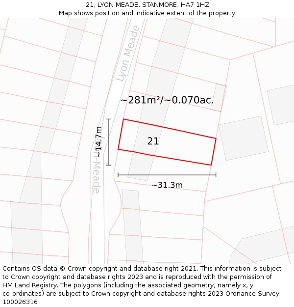 21, LYON MEADE, STANMORE, HA7 1HZ: Plot and title map