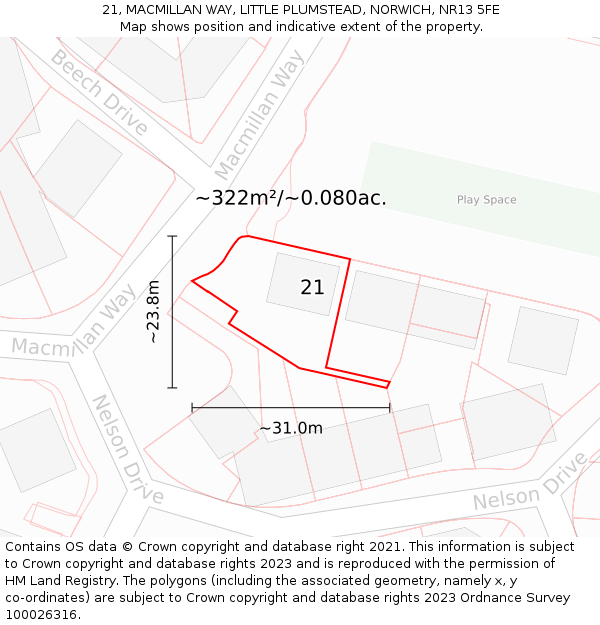 21, MACMILLAN WAY, LITTLE PLUMSTEAD, NORWICH, NR13 5FE: Plot and title map