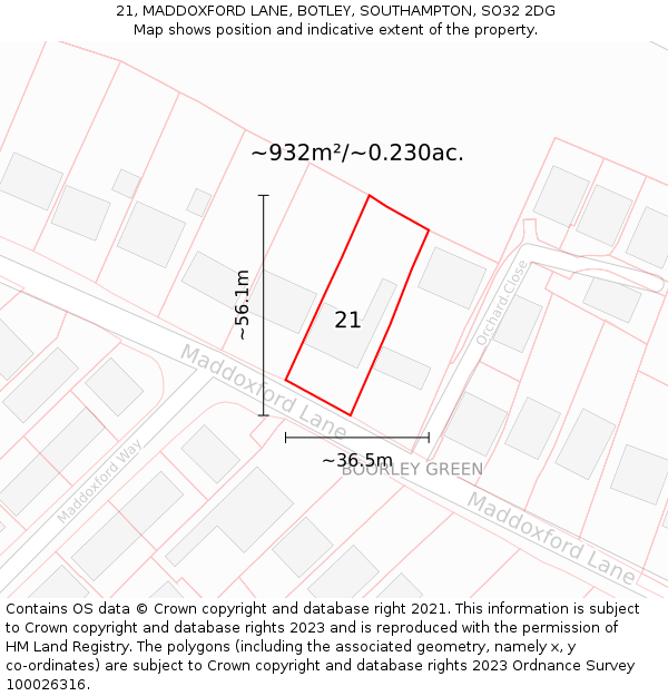 21, MADDOXFORD LANE, BOTLEY, SOUTHAMPTON, SO32 2DG: Plot and title map