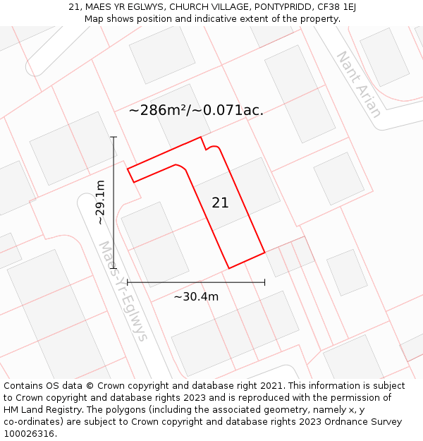 21, MAES YR EGLWYS, CHURCH VILLAGE, PONTYPRIDD, CF38 1EJ: Plot and title map