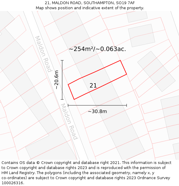 21, MALDON ROAD, SOUTHAMPTON, SO19 7AF: Plot and title map