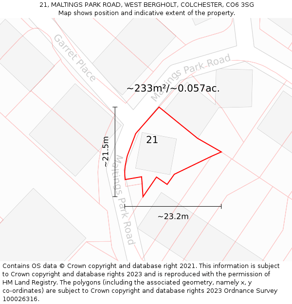 21, MALTINGS PARK ROAD, WEST BERGHOLT, COLCHESTER, CO6 3SG: Plot and title map
