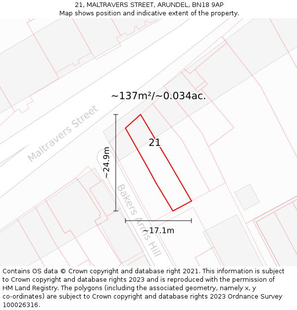 21, MALTRAVERS STREET, ARUNDEL, BN18 9AP: Plot and title map