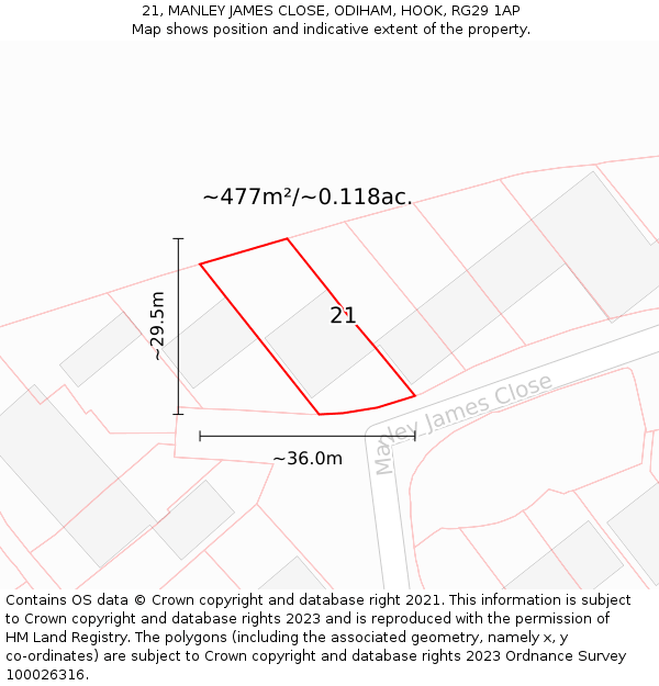 21, MANLEY JAMES CLOSE, ODIHAM, HOOK, RG29 1AP: Plot and title map