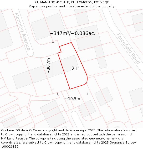 21, MANNING AVENUE, CULLOMPTON, EX15 1QE: Plot and title map