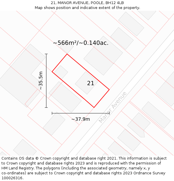 21, MANOR AVENUE, POOLE, BH12 4LB: Plot and title map