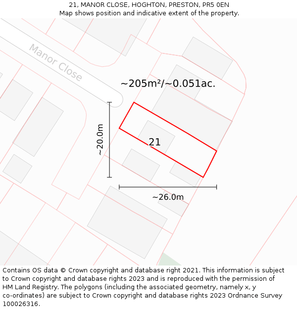 21, MANOR CLOSE, HOGHTON, PRESTON, PR5 0EN: Plot and title map