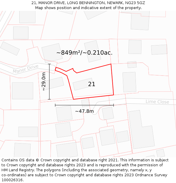 21, MANOR DRIVE, LONG BENNINGTON, NEWARK, NG23 5GZ: Plot and title map