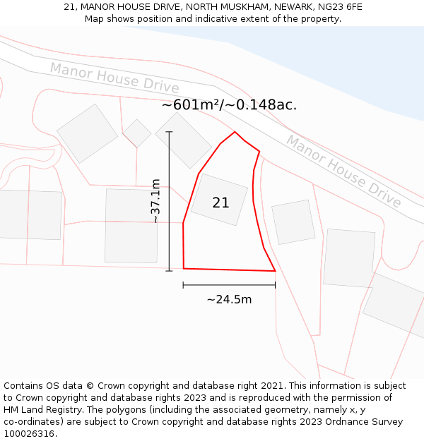 21, MANOR HOUSE DRIVE, NORTH MUSKHAM, NEWARK, NG23 6FE: Plot and title map