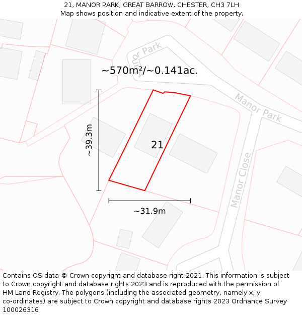 21, MANOR PARK, GREAT BARROW, CHESTER, CH3 7LH: Plot and title map