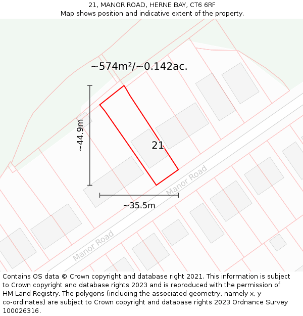 21, MANOR ROAD, HERNE BAY, CT6 6RF: Plot and title map