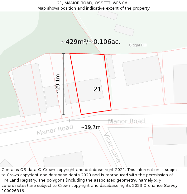 21, MANOR ROAD, OSSETT, WF5 0AU: Plot and title map